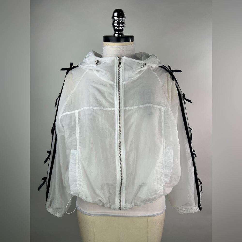 💚 2922. Sheer Striped Bow Detail Zip-Up Hoodie